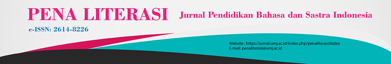 Jurnal Pena LIterasi Program Studi Pendidikan Bahasa dan Sastra Indoensia Fakultas Ilmu Pendidikan Universitas Muhammadiyah Jakarta merupkan jurnal Nasional berbasis penelitian ilmiah, secara rutin diterbitkan dua kali setahun yaitu April dan Oktober.